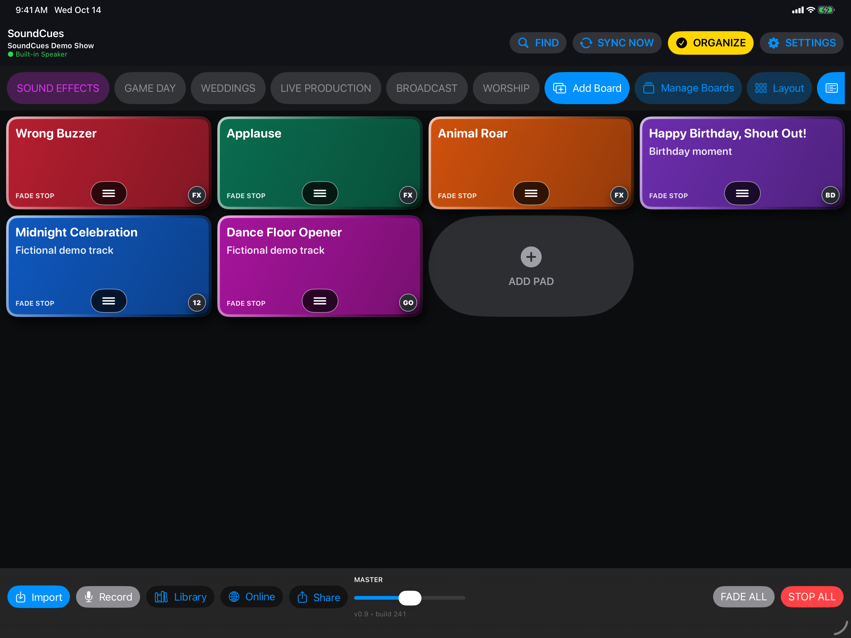 SoundCues iPad app showing named boards and colored sound pads on a dark background