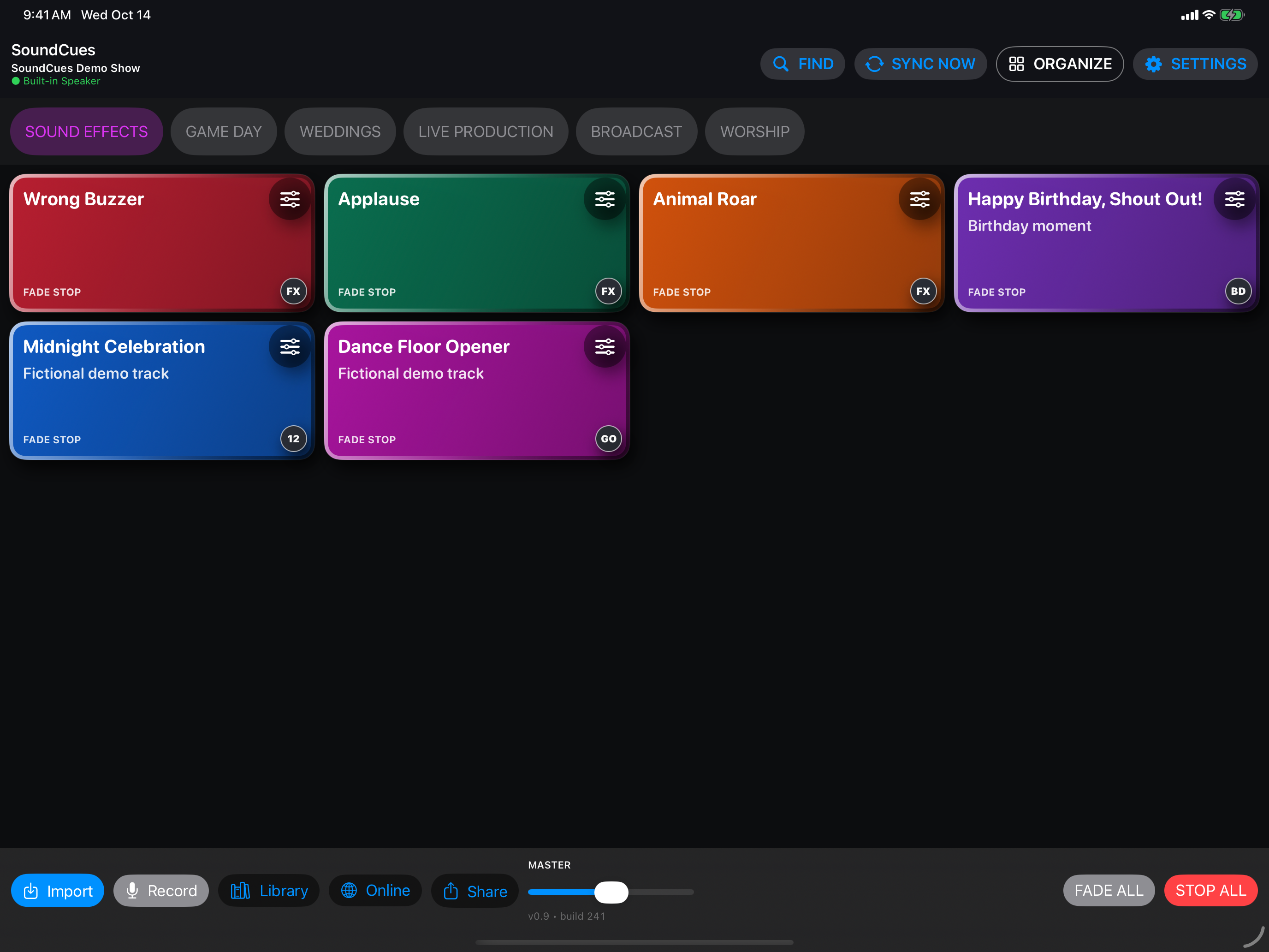 SoundCues iPad app showing a dark soundboard with colored sound effects pads