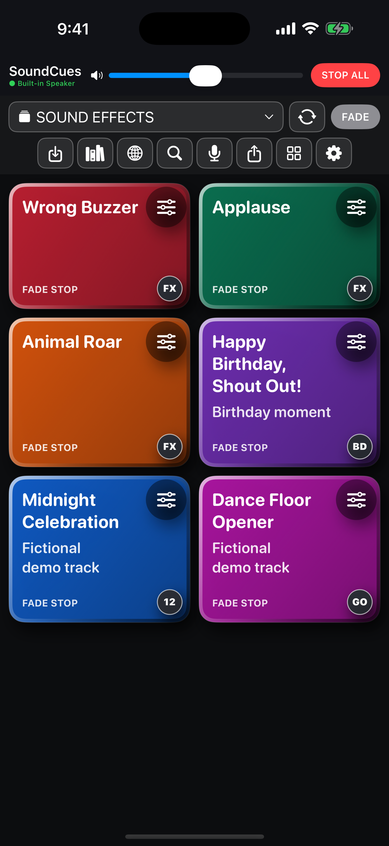 SoundCues iPhone soundboard showing six colored live audio pads