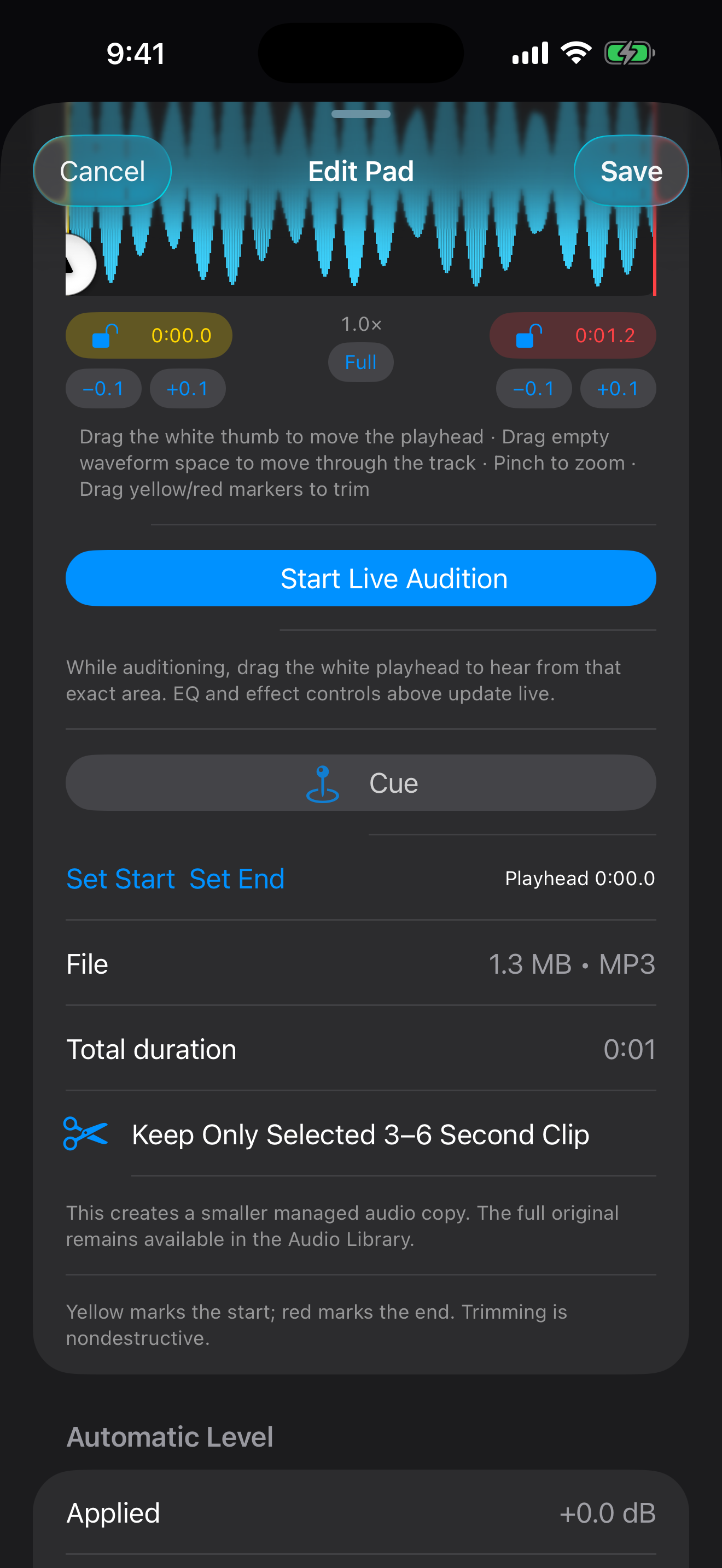 SoundCues iPhone waveform editor showing trim markers and live audition controls